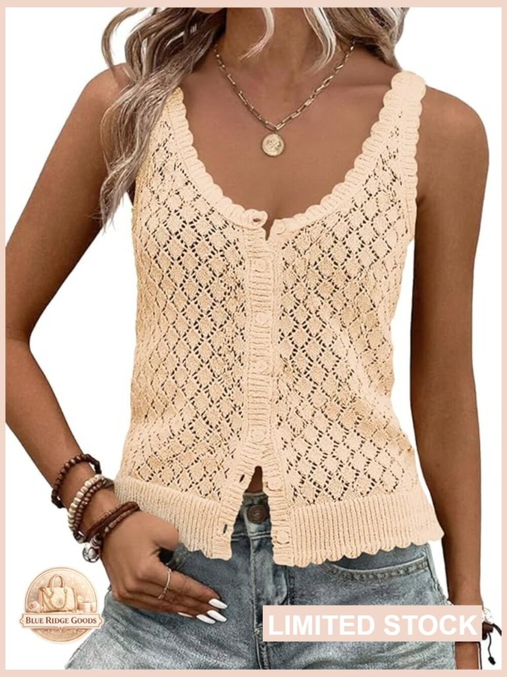 Crochet Sleeveless Sweater Vest Boho Knit Button Down Cardigan Top - Picture 1 of 7